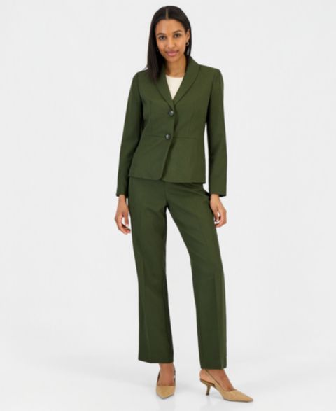 Женские комплекты Le Suit Two-Button Shawl Collar Blazer & Pants Suit, Regular & Petite, цвет: Тёмно-зелёный разноцветный