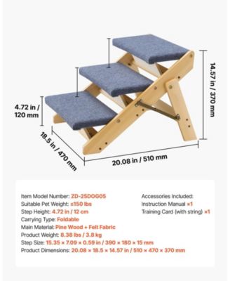 3-Step Wooden Pet Stairs for Bed, Sofa, or Car, Foldable Flat Design, 150 lb Capacity