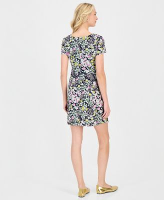 Petite Floral-Print Pintuck Short-Sleeve Dress