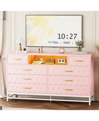 8 Drawer Dresser for Bedroom, Pink Dresser with Led Light, 55 Inch Tv Stand Dressers with Power Outlet