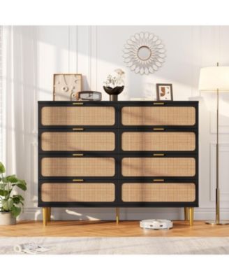 Rattan 8 Drawer Dressers for Bedroom, Tall Dresser with Deep Drawers, Large Chest of Drawers for Closet with Wide Top