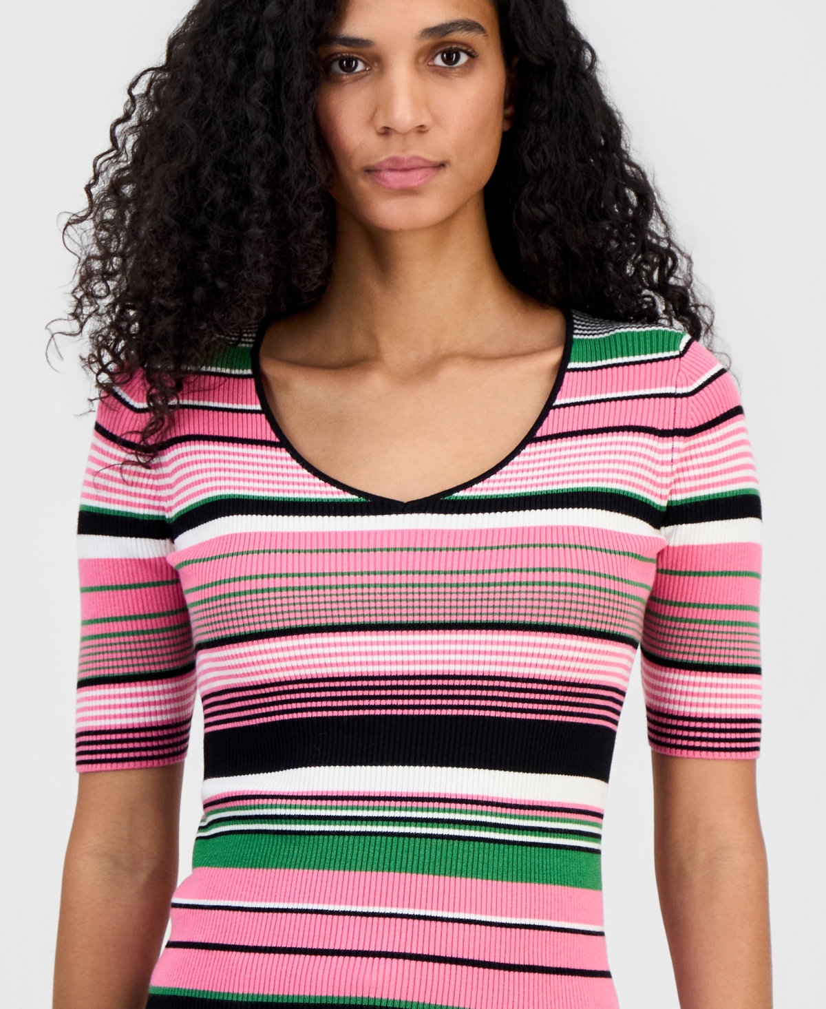 T Tahari Women's V-Neck Elbow-Sleeve Top