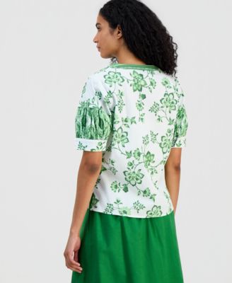 Women's Split-Neck Puffed-Sleeve Top