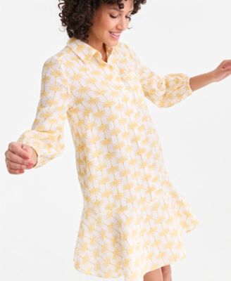 Women's 100% Linen Print Button-Front 3/4-Sleeve Dress
