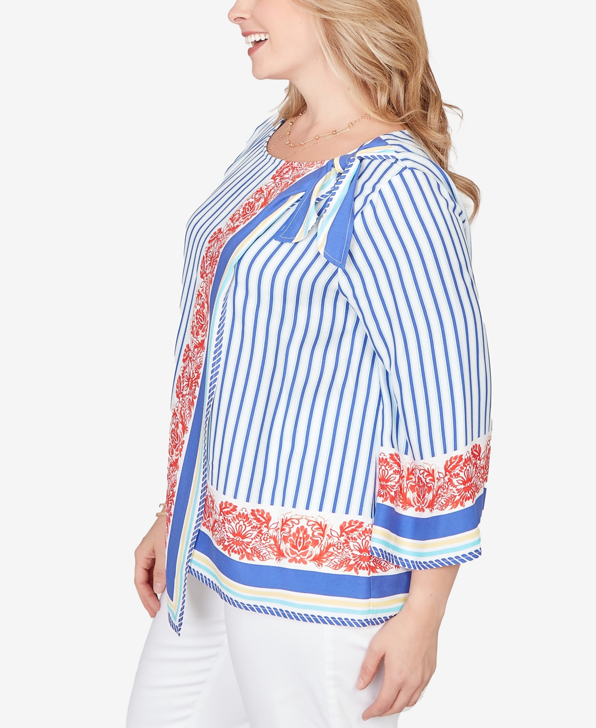 Ruby Rd. Plus Striped Scarf Print Tie Shoulder Top