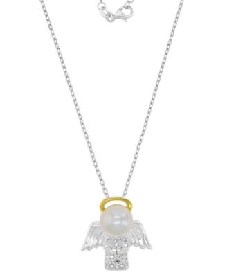 Diamond (0.01 ct. t.w.) & Imitation Pearl Angel Necklace in 14K yellow gold over sterling silver