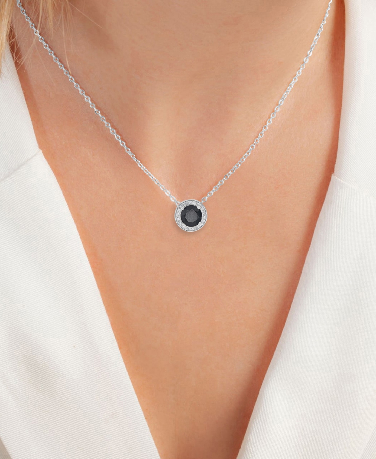 Macy's Onyx & Created White Sapphire (0.09 ct. t.w.) Station Necklace in Rhodium Over Sterling Silver