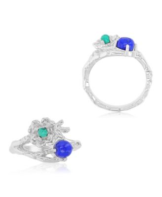 Malachite (0.14 ct. t.w.) and Lapis (5 mm) Flower Ring in Rhodium Over Sterling Silver