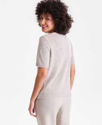Women's Linen Blend Textured Crewneck Short-Sleeve Sweater