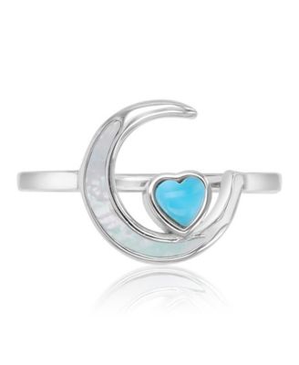 Larimar (0.21 ct. t.w.) & Imitation Pearl (10.50mm) Moon & Heart Ring in Rhodium Over Sterling Silver