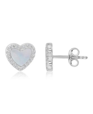 Imitation Pearl & Cubic Zirconia (0.38 ct. t.w.) Rhodium Over Sterling Silver Heart Stud Earrings (Also in 14k Yellow Gold Over Sterling Silver)