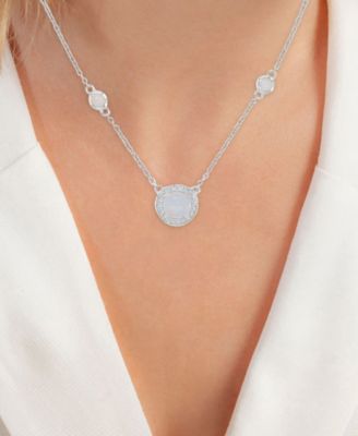 White Sapphire (0.108 ct. t.w.) & Opal (7mm) Necklace in Rhodium Over Sterling Silver