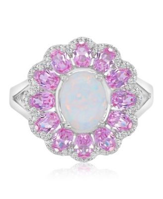 Opal & Sapphire (0.29 ct. t.w.) Flower Ring in Rhodium Over Sterling Silver