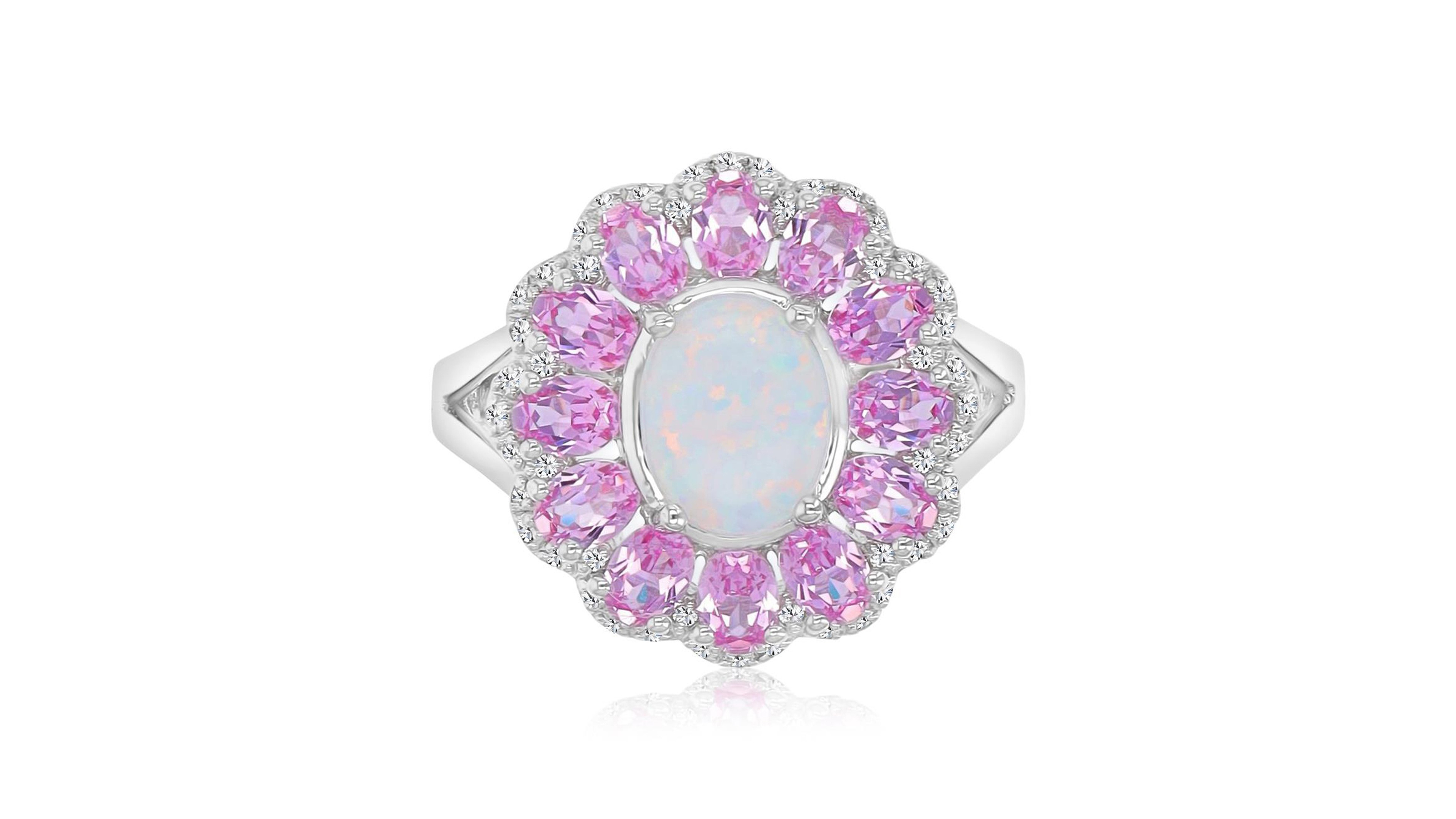 Macy's Opal & Sapphire (0.29 ct. t.w.) Flower Ring in Rhodium Over Sterling Silver