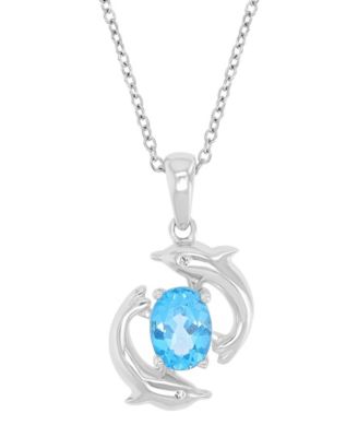 Diamond (0.006 ct. t.w.) and Swiss Blue Topaz (1 ct. t.w.) Duo Dolphins Necklace in Rhodium Over Sterling Silver