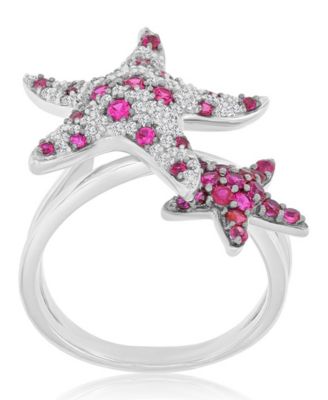 Ruby (0.88 ct. t.w.) & Created Sapphire (0.43 ct. t.w.) Duo Star Fish Ring in Rhodium Over Sterling Silver