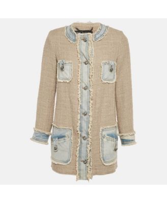 Women's Beige Denim Trim Tweed Jacket