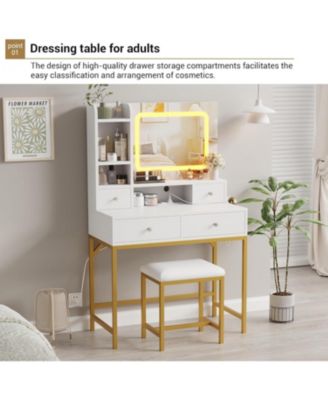 White 4-Drawer Lighted Mirror Vanity, Practical Makeup Table for Bedroom Storage