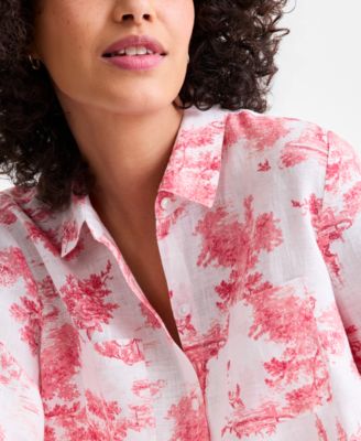 Women's 100% Linen Print Roll-Tab Shirt