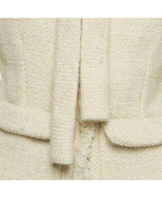 Women's Cream Tweed Ruffled Tie-Up Neck Detail Jacket