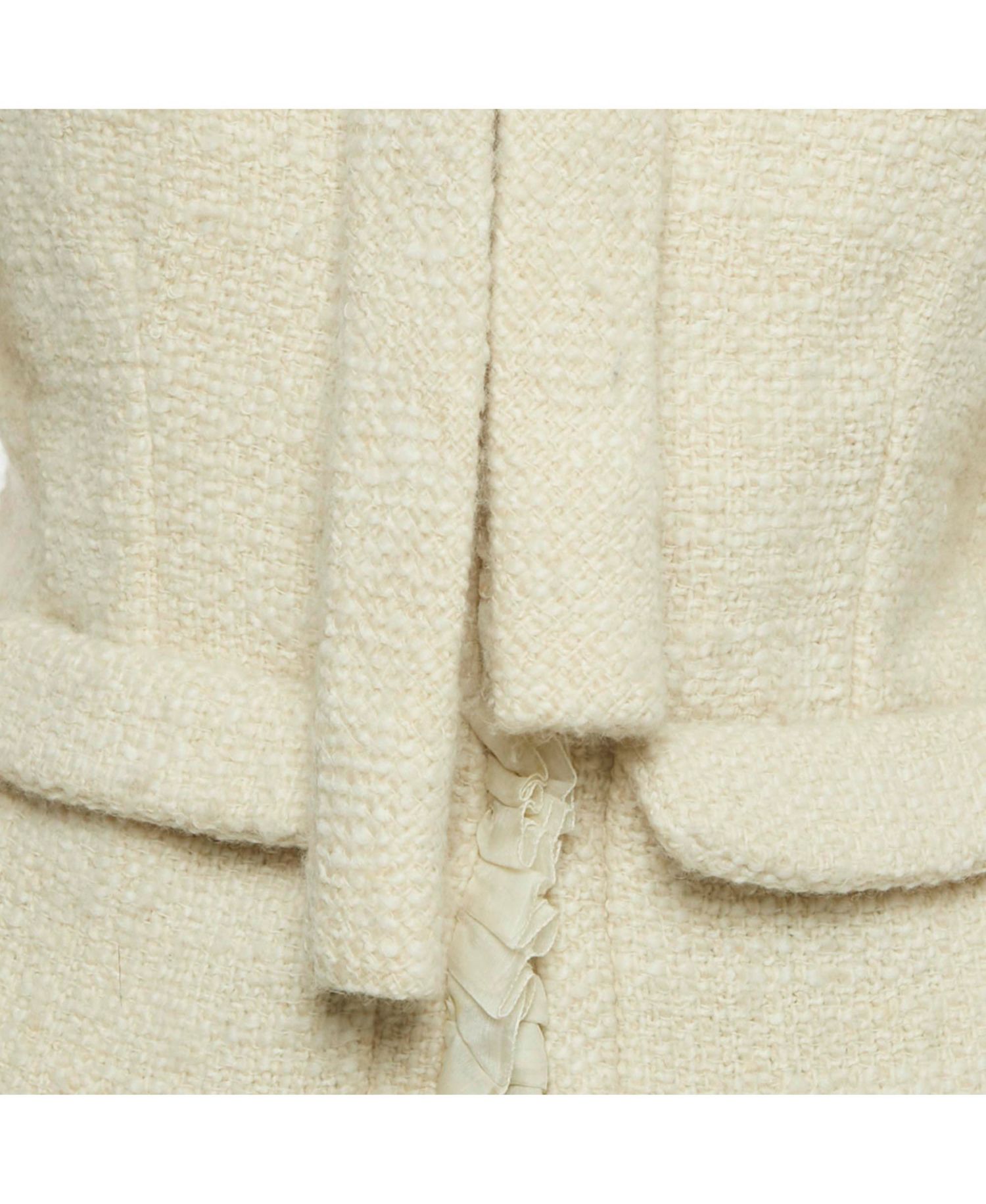 Women's Cream Tweed Ruffled Tie-Up Neck Detail Jacket