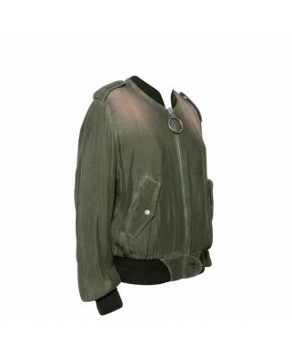 Women's Green Cupro Washed Out Effect Zipper Front Bomber Jacket