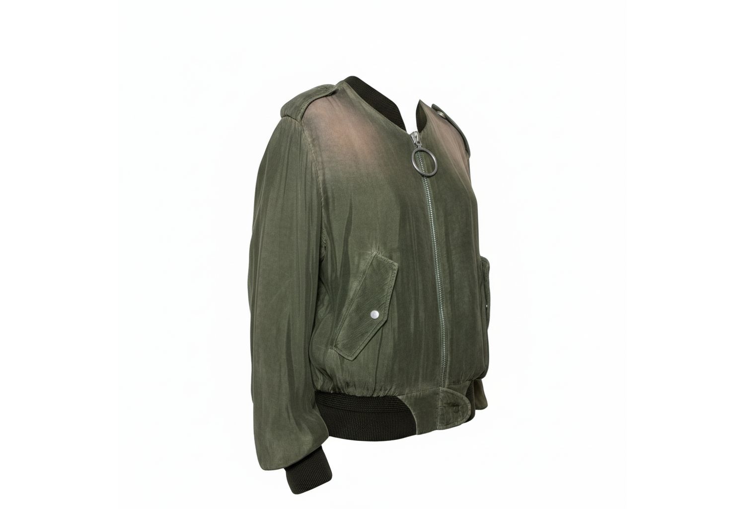 Women's Green Cupro Washed Out Effect Zipper Front Bomber Jacket