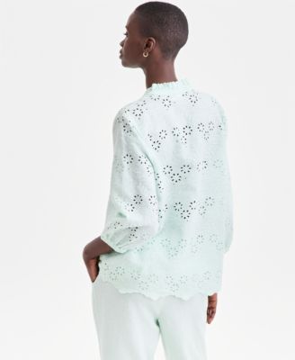 Women's 100% Linen Eyelet-Embroidered Blouson-Sleeve Top