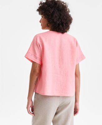 Women's 100% Linen Eyelet-Trim Short-Sleeve Top