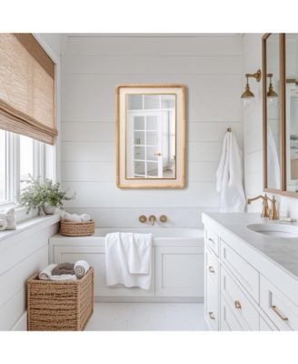 Rounded Rectangle Decorative Wall Mirror, 35" Rubberwood Frame with PU Leather Accent