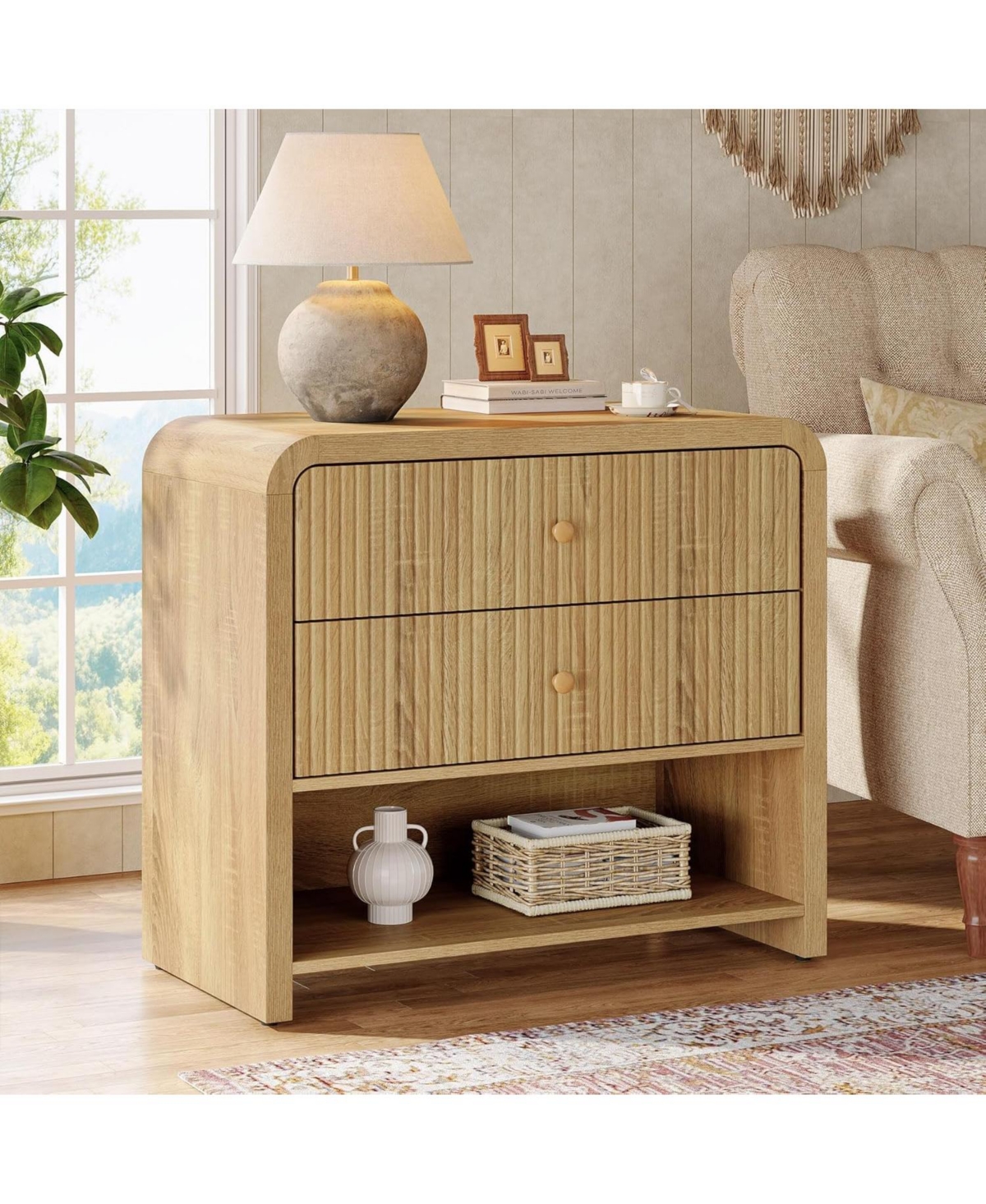 Tribesigns Oversized Nightstand with 2 Drawers Set of 2, 31.5" Large Wide Modern Bedside Table with Open Storage, Big Fluted Night Stand