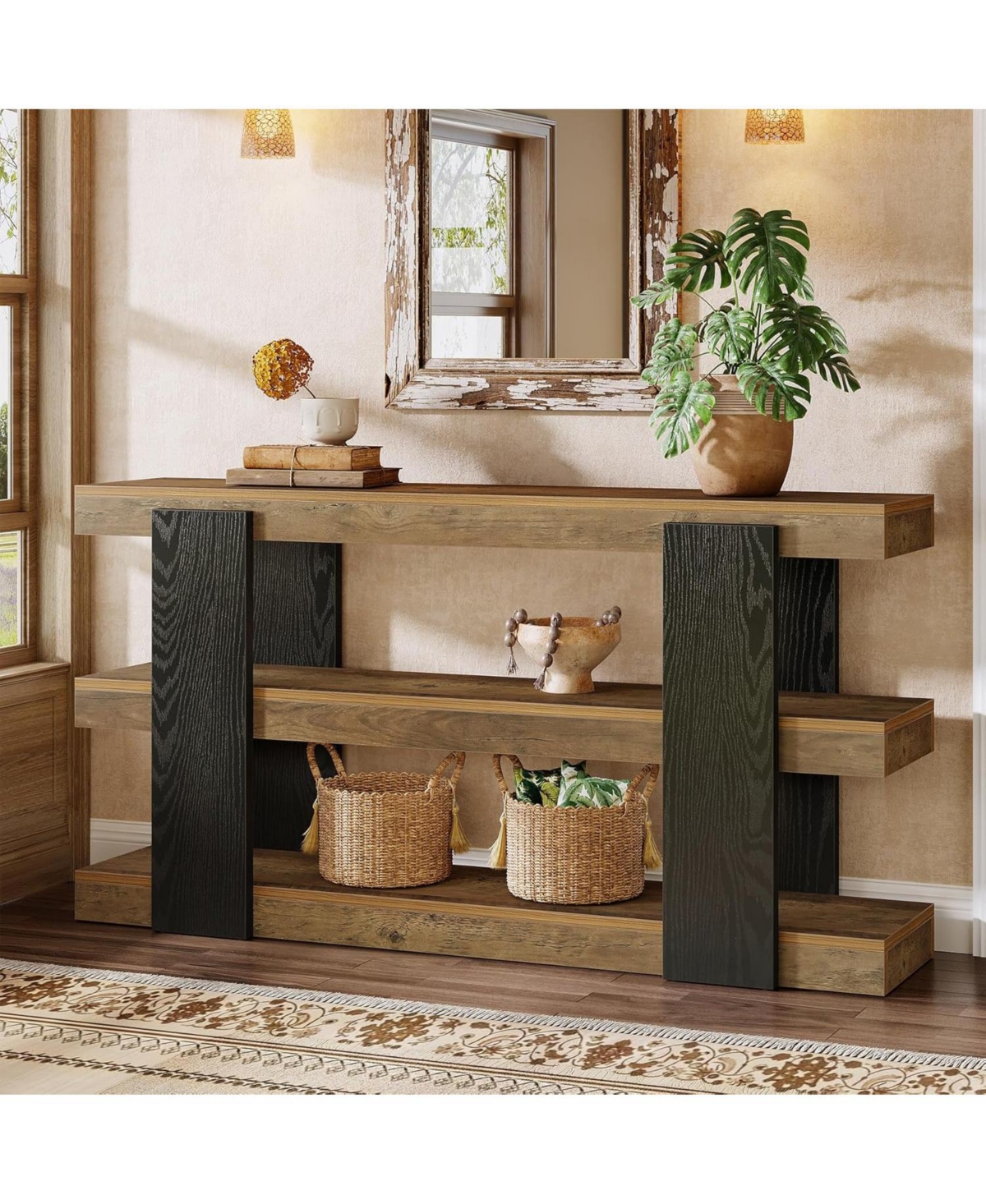 Tribesigns 63-Inch Long Console Table, 3-Tier Entryway Table with Storage, Farmhouse Wood Behind Couch Tables