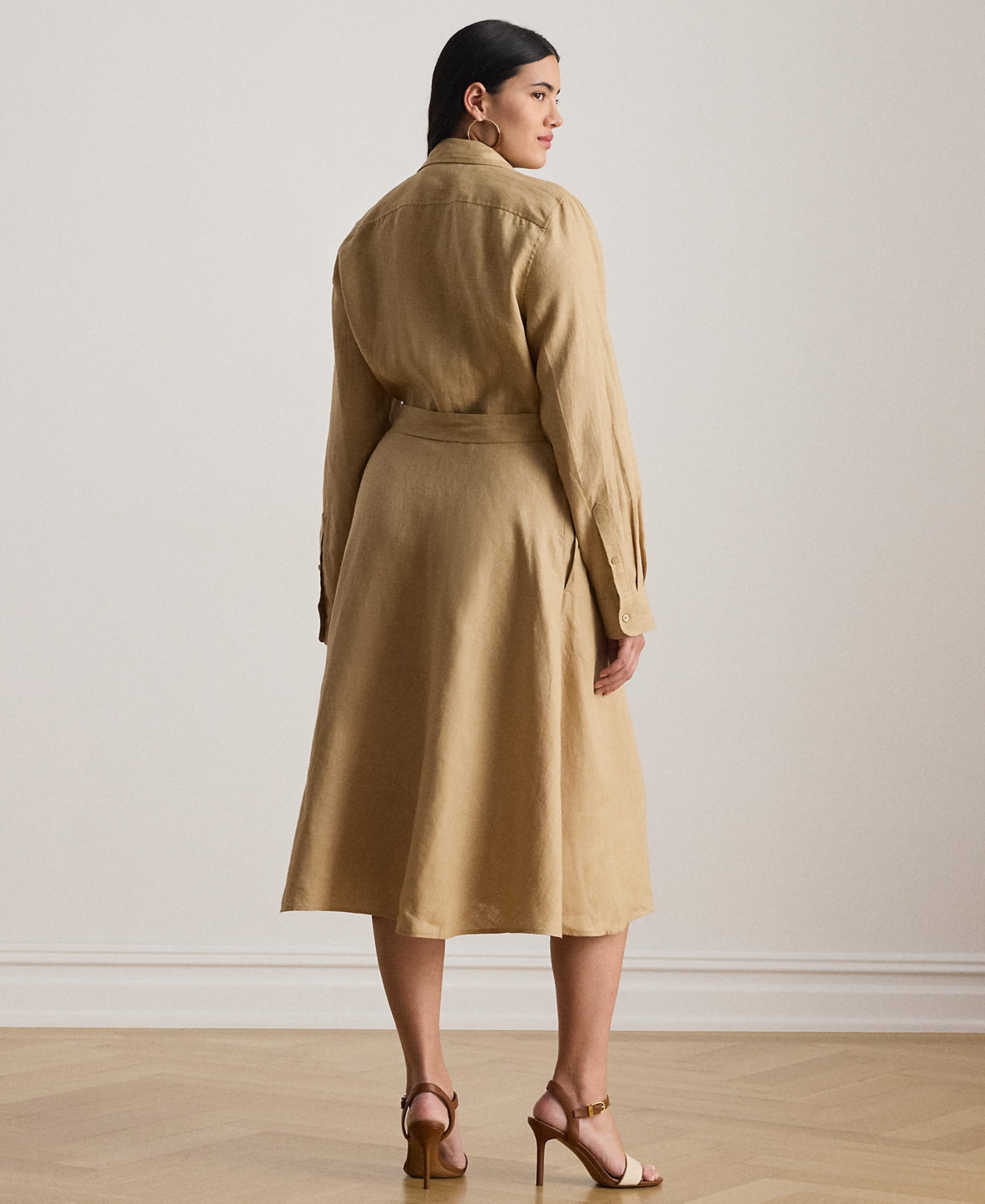 Lauren Ralph Plus Adalina Belted Linen Collared Neck Shirt Dress