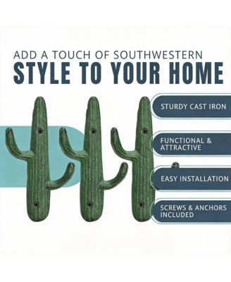 Set of 3 Rustic Cactus Cast Iron Wall Hooks for Coats, Bags, Towels - Easy Install