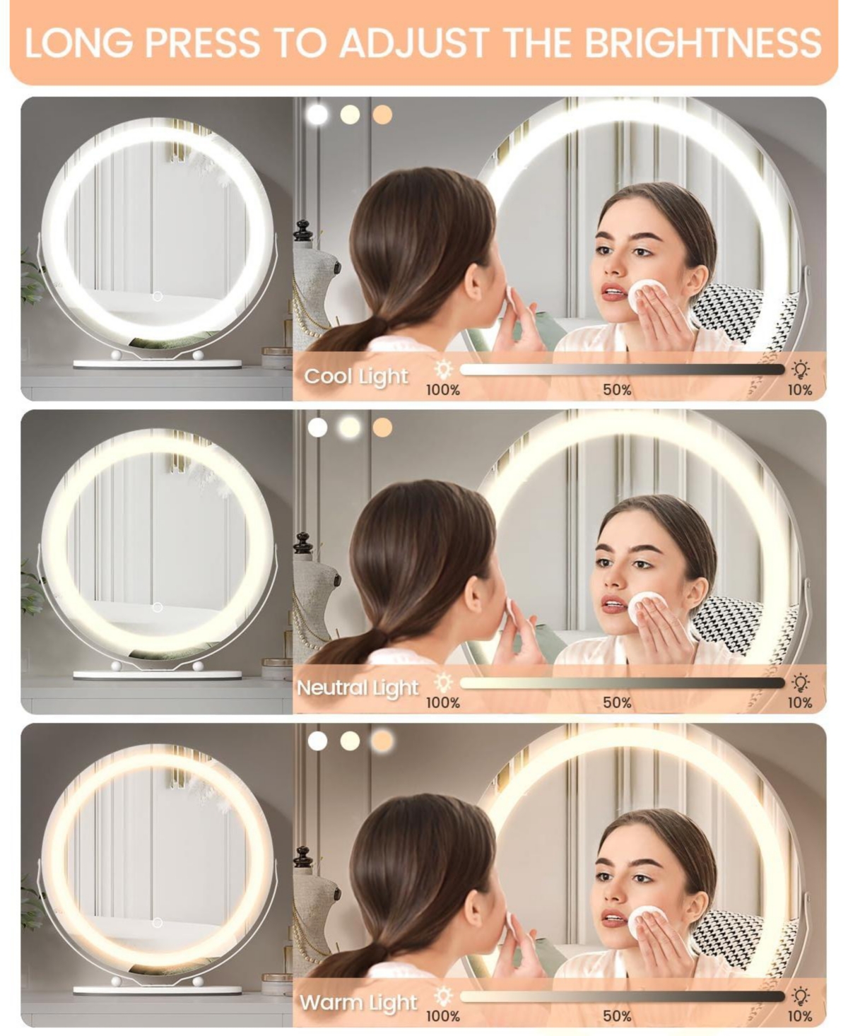 Homfan 19 in Vanity Mirror with Led Lights, Large Round Makeup Mirror with Touch Control and 3 Color Lighting Modes