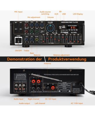 2000W Peak Hi-Fi Stereo Amplifier with Karaoke Mixer & EQ, Bluetooth 5.0, USB/SD Input, FM Radio