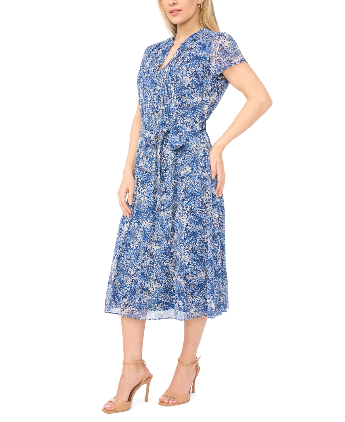 Msk Petite Pintuck Split Neck Midi Shirt Dress