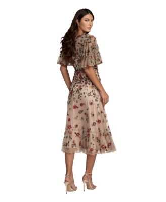 Women's Floral Embellished Flutter Sleeve Midi Dress