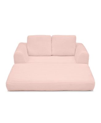 2-in-1 Folding Convertible Sofa Bed, Modern Corduroy Sleeper Couch with 2 Pillows, Pink