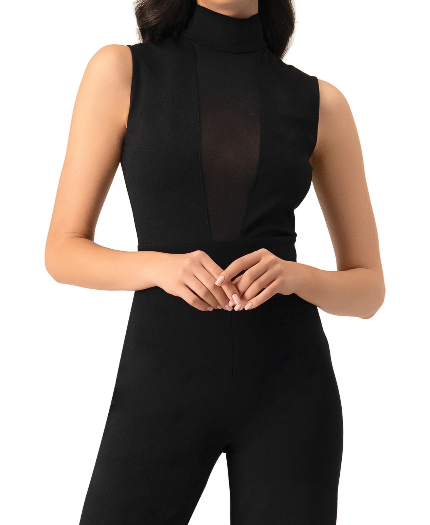 Women's High-Neck Jumpsuit with See-Though Neckline