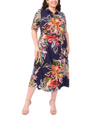 Plus Size Printed Collared Neck Short-Sleeve Midi Dress