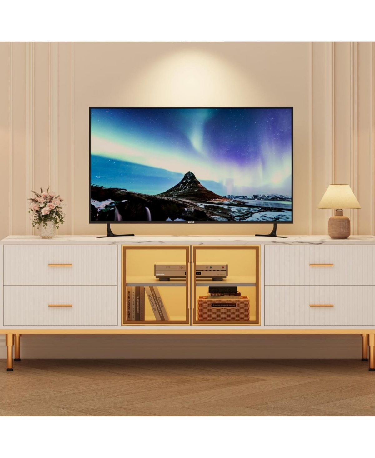 gaomon 65 in Tv Stand with Led Lights, Modern Entertainment Center with 4 Drawers & Shelves & Glass Doors - White