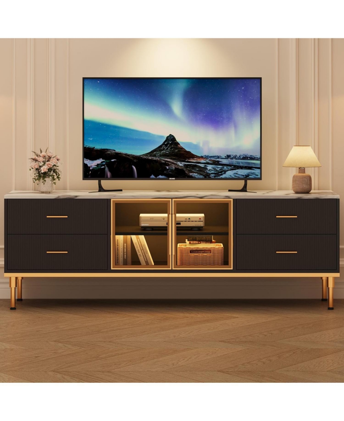 gaomon 65 Tv Stand with Led Lights, Modern Entertainment Center 4 Drawers & Shelves Glass Doors
