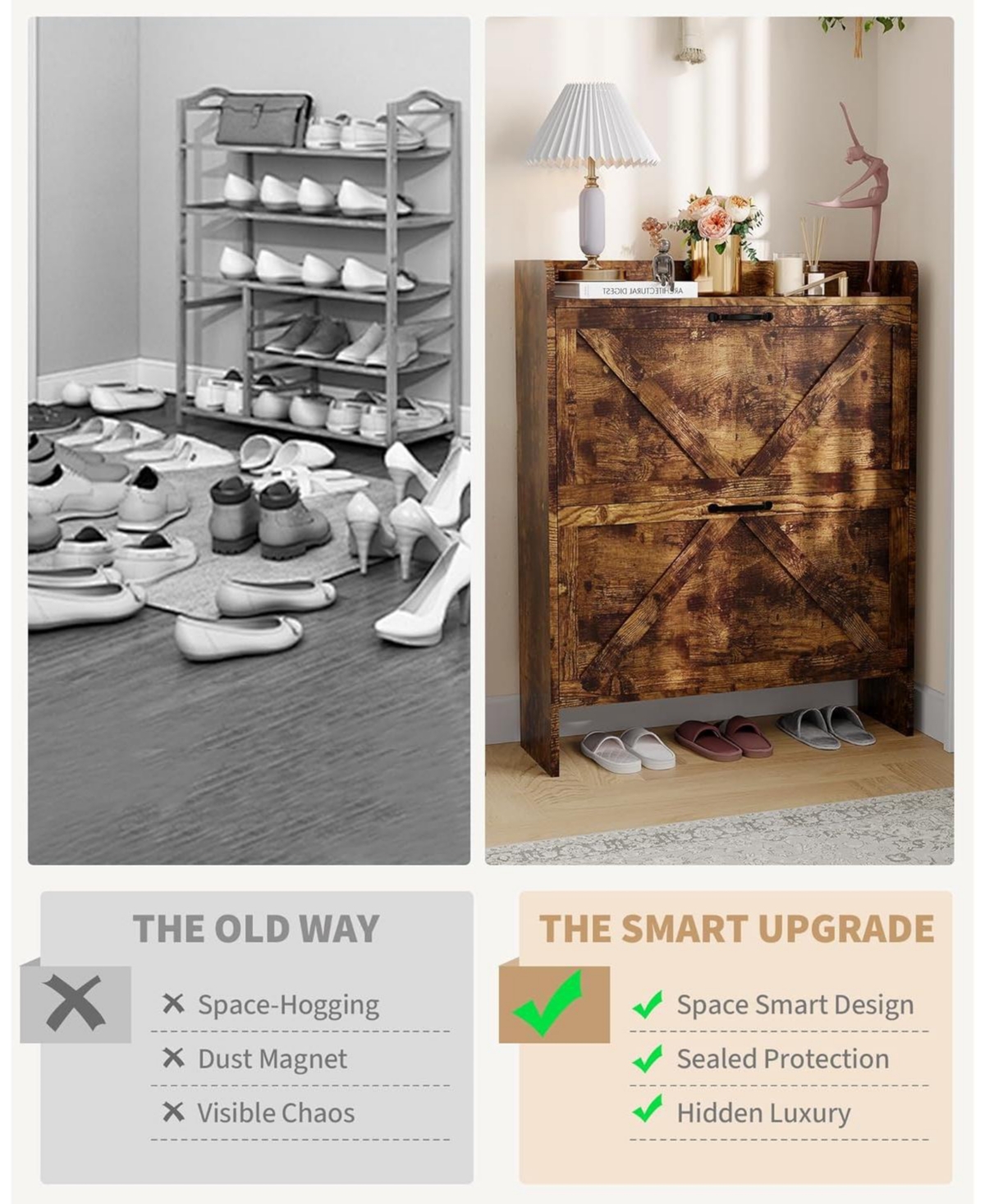 gaomon Shoe Storage Organizer with 2 Flip Drawers, Rustic Brown Farmhouse Shoe Cabinet for Entryway, Foyer, or Hallway