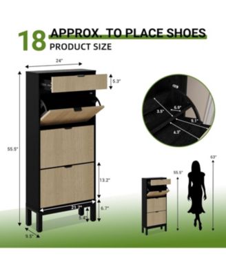 Shoe Storage Cabinet with 3 Flip Drawers, Farmhouse Fluted Shoe Organizer with Metal Legs, Freestanding Narrow Shoe Rack for Entryway