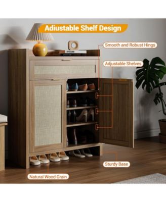 Modern Rattan Shoe Cabinet with Drawer & Doors, Adjustable Shelf Accent Storage for Entryway