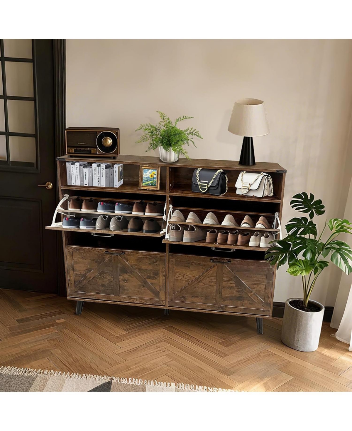 gaomon Shoe Storage Cabinet, Farmhouse Organizer with 4 Flip Drawers and Open Hallway.