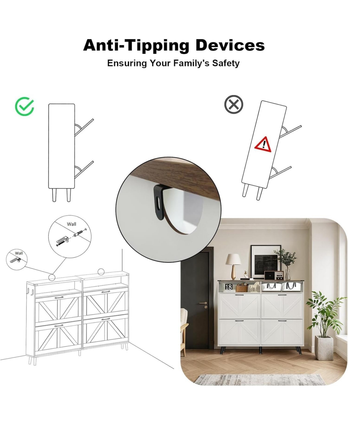 gaomon Shoe Storage Cabinet, Farmhouse Organizer with 4 Flip Drawers and Open Hallway.