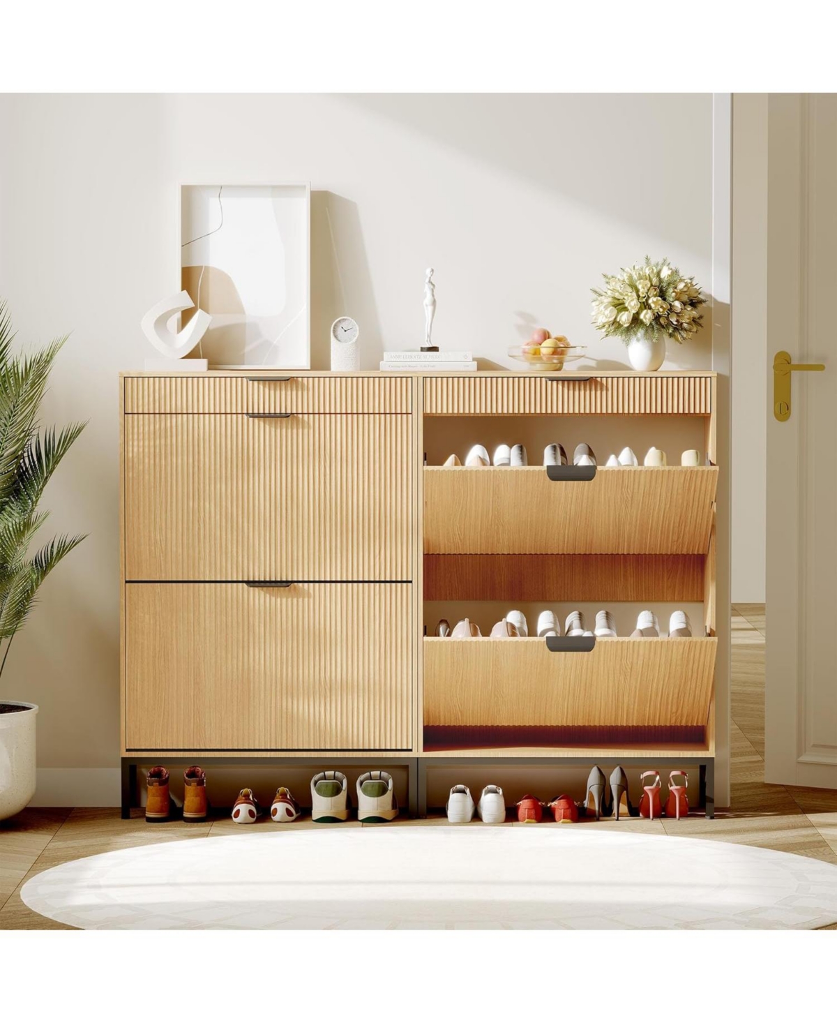 Goamon Modern White Fluted Shoe Storage Cabinet with 2 Flip Drawers & Pull-Out Drawer & Hook