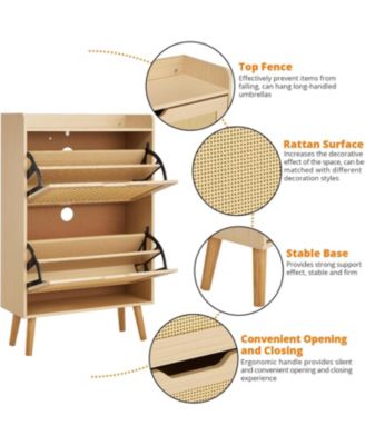 Rattan Shoe Cabinet for Entryway, Holds 12-18 Pairs of Shoes, Anti-Tip Design for Closet